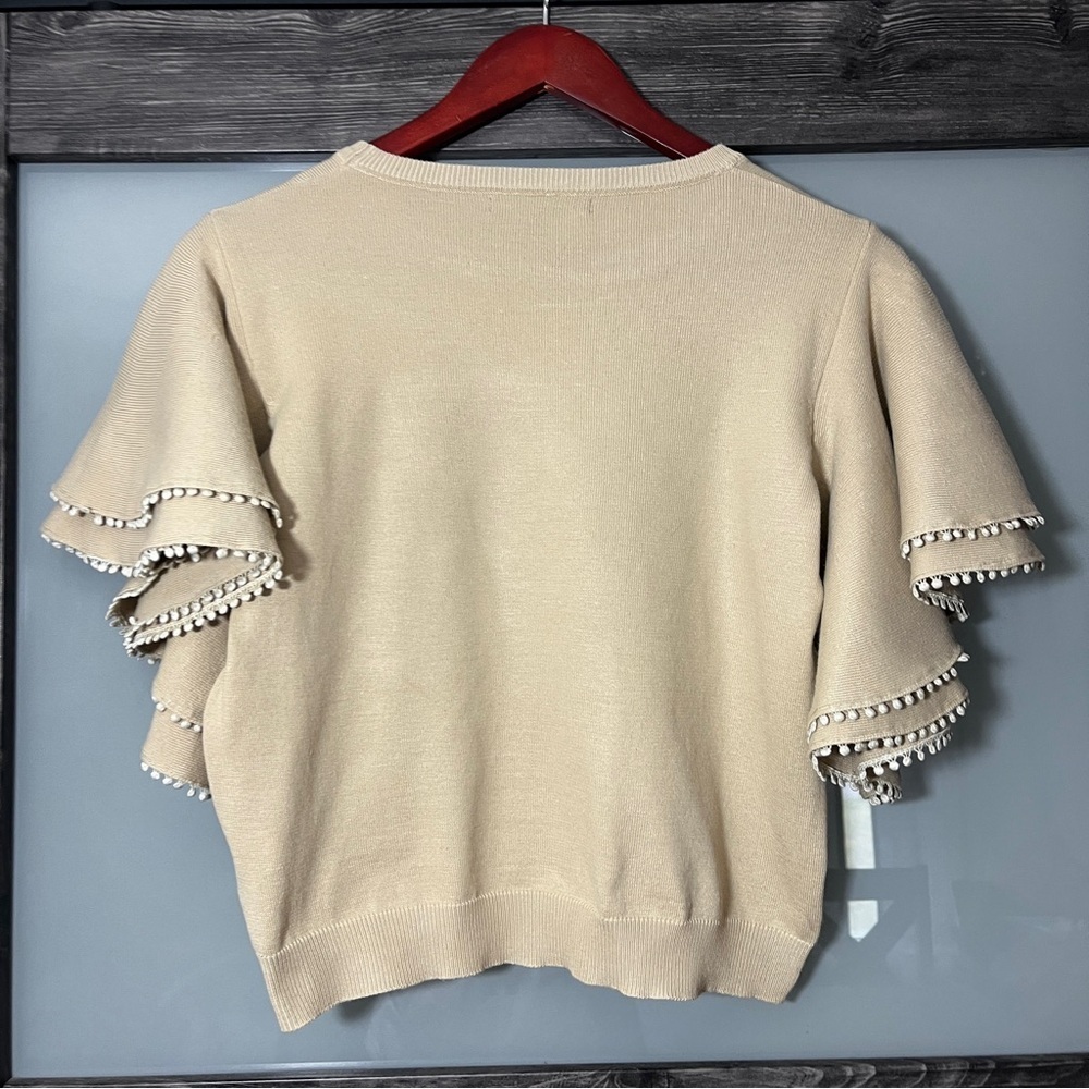 Strut & Bolt Tan Dramatic Statement Ruffle Sleeve Top Women's L Mob Wife - Picture 5 of 13